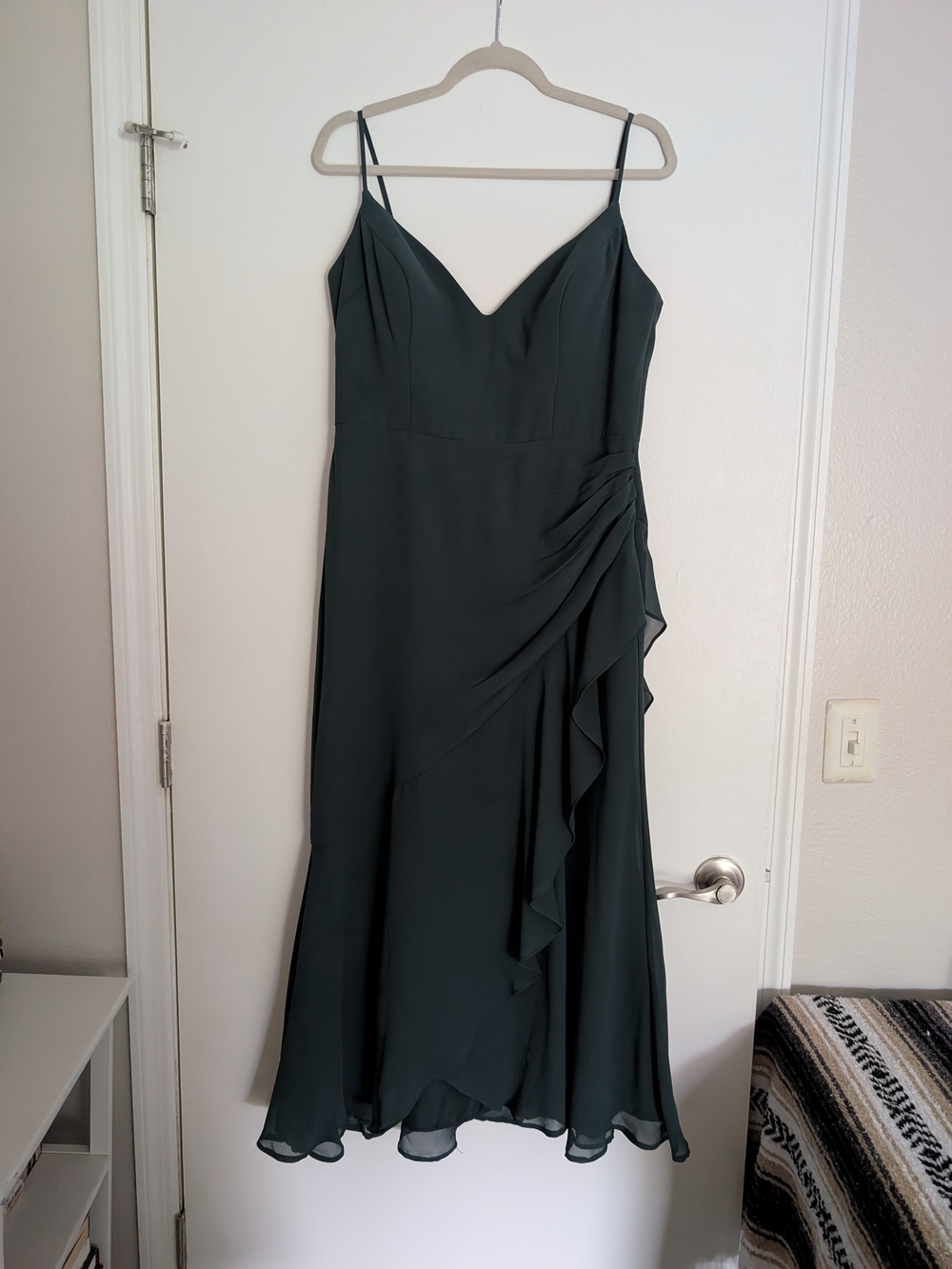 Sleeveless V-Neck Midi Dress in Forest Green with Side Ruffle